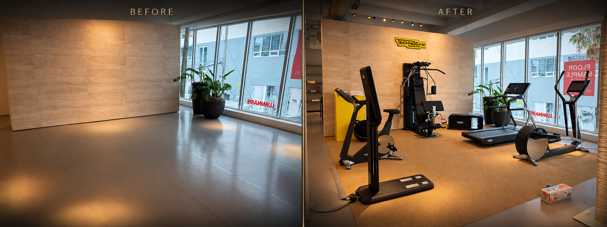 Before and after: empty showroom floor transformed into a fully equipped TechnoGym fitness display