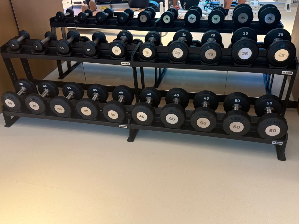 Dumbbell rack display at trade show